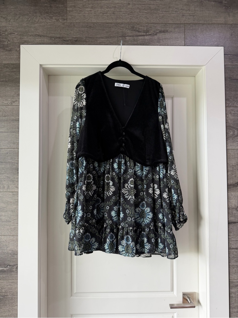 Zara Western  Black Floral Mini Dress with Velvet Bodice